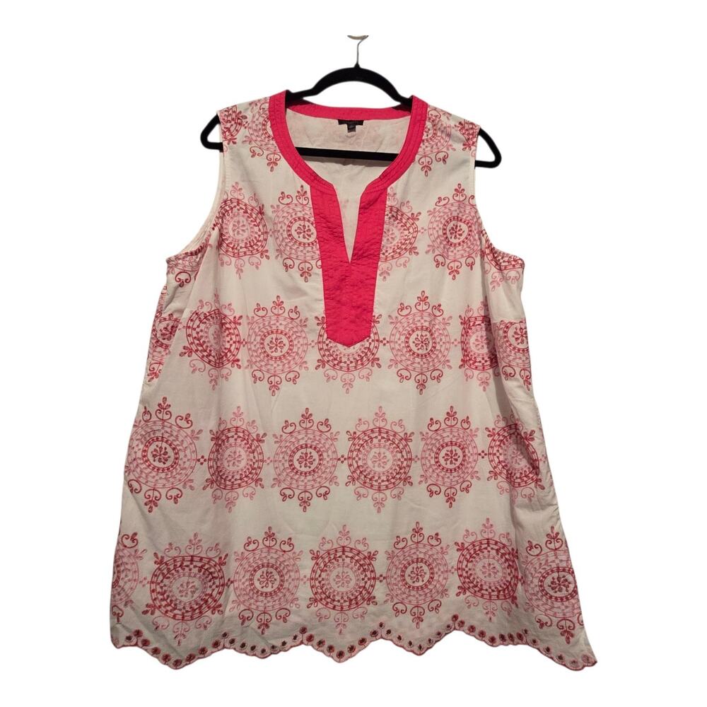 Talbots Floral Embroidered Sleeveless Top Womens 1X Pink Eyelet Boho Cottage